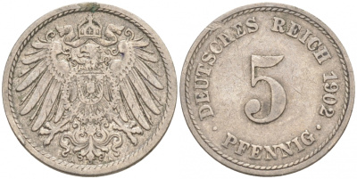 ГЕРМАНИЯ 5 ПФЕННИГОВ 1902 A, KM 11, J. 12 медно-никель 73-1567