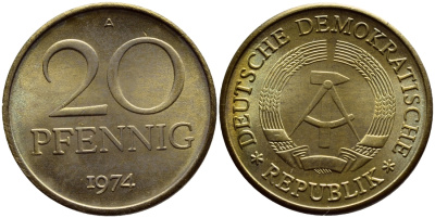 ГДР 20 пфеннигов 1974 А KM 11 латунь UNC 54-2257