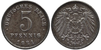 ГЕРМАНИЯ 5 ПФЕННИГОВ 1921 D KM 19, Jager 297, Weege 5 железо 4547-628