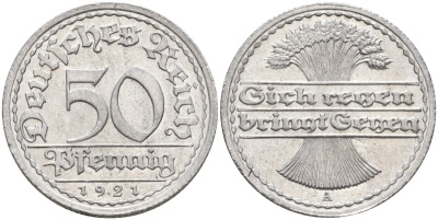 Германия 50 пфеннигов 1921 A KM 27, J.301, Weege 10 алюминий UNC 4584-824