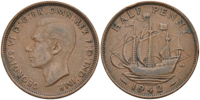 Великобритания 1/2 пенни 1942 Георг VI (1936-1952) KM 844, Spink 4115 бронза 4126-747