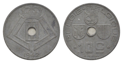 Бельгия 10 сантимов 1942 Belgie - Belgique, Леопольд III (1934-1947), германская оккупация, Вторая мировая война KM 124 цинк 4643-354