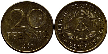 ГДР 20 пфеннигов 1969 А, первый год KM 11 латунь UNC 4395-1032