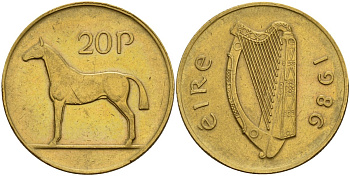 Ирландия 20 пенсов 1986 лошадь KM 25 никель бронза 4140-334