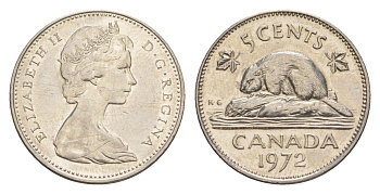 Канада 5 центов 1972 Елизавета II (1952-2022), бобр KM 60.1 никель 4636-568