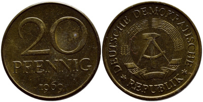 ГДР 20 пфеннигов 1969 А, первый год KM 11 латунь UNC 4395-1032