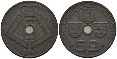 Бельгия 5 сантимов 1941 Belgique - Belgie, Леопольд III (1934-1947), германская оккупация, Вторая мировая война KM 123 цинк 4160-1119