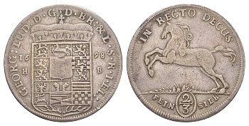 Брауншвейг-Каленберг-Ганновер 2/3 талера 1698 HB, Георг I (1698-1727), из коллекции Ричарда Б. Смита Davenport 418, KM 17, Welter 2153 серебро 00-821-02