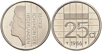 Нидерланды 25 центов 1986 Беатрикс (1980-2013) KM 204 никель UNC 4588-865