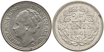 Нидерланды 25 центов 1941 Вильгельмина (1890-1948) KM 164 серебро aUNC 66-1146