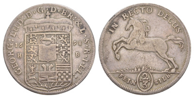 Брауншвейг-Каленберг-Ганновер 2/3 талера 1698 HB, Георг I (1698-1727), из коллекции Ричарда Б. Смита Davenport 418, KM 17, Welter 2153 серебро 00-821-02