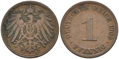 Германия 1 пфенниг 1909 A KM 10, J. 10 медь 4576-115