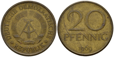 ГДР 20 пфеннигов 1969 A, первый год KM 11 латунь 4601-524