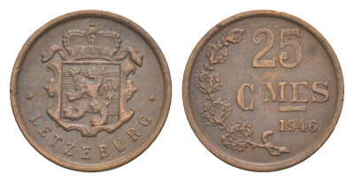 Люксембург 25 сантимов 1946 Шарлотта (1918-1964) KM 45 бронза 4115-434