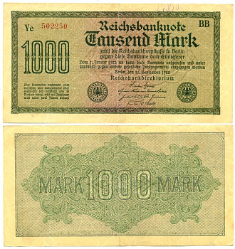 ГЕРМАНИЯ 1000 МАРОК 1922 15 СЕНТЯБРЯ 1922, ВОДЯНОЙ ЗНАК I, ЖЕЛТАЯ БУМАГА, СЕРИЯ ВВ Pick 76b, Rosenberg 75d бумага 7548-7-2-1