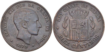 ИСПАНИЯ 10 СЕНТИМО 1879 OM, АЛЬФОНСО XII (1874-1885) KM 675 (Y70) бронза 650-1344