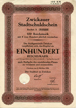 Германия 100 рейхсмарок 1928 Город Цвиккау долговая расписка 8%, облигация   бумага   8802-34-1