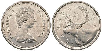 Канада 25 центов 1986 Елизавета II (1952-2022), олень KM 74 никель 190-654