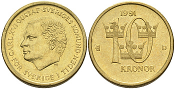 Швеция 10 крон 1991 Карл XVI Густав (1973- ) KM 877 нордик 4563-151