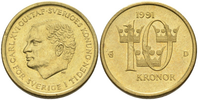 Швеция 10 крон 1991 Карл XVI Густав (1973- ) KM 877 нордик 4563-151