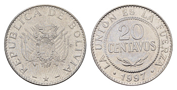 Боливия 20 сентаво 1997 KM 203 нержавеющая сталь UNC 181-212