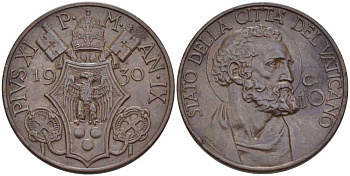 ВАТИКАН 10 ЧЕНТЕЗИМО 1930 ГОД IX, ПАПА ПИЙ XI (1922-1939), СВЯТОЙ ПЕТР KM 2 бронза XF+ 3896-1611