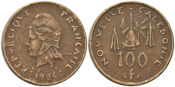 Французская Новая Каледония 100 франков 1984 хижина среди сосен и пальм, (IEOM) KM 15, Schoen 16, Lec 134 никель латунь 4137-743