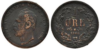 Швеция 1 эре 1860 Карл XV (1859-1872), редкий год KM 705 бронза 26-1145