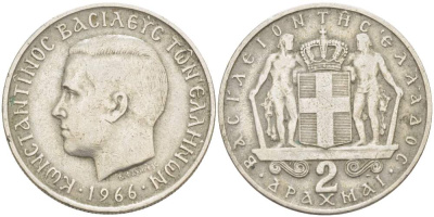 Греция 2 драхмы 1966 Константин II (1966-1973) KM 90 медно-никель 4523-513