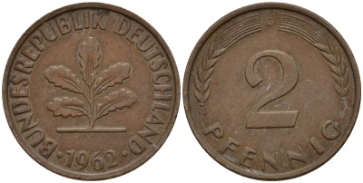 ФРГ 2 пфеннига 1962 G J.381  KM 106 бронза    4598-728
