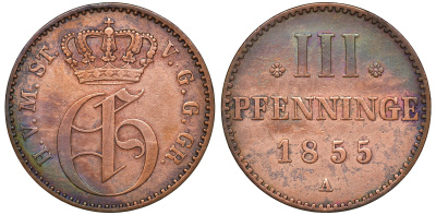 Мекленбург-Стрелиц 3 пфеннига 1855 А, Фридрих Франц II (1842-1883) AKS 68, J. 116, KM 90 (С42а) медь 4525-515