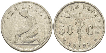 БЕЛЬГИЯ 50 САНТИМОВ 1923 BELGIE, АЛЬБЕРТ I (1909-1934) KM 88 никель 116-967