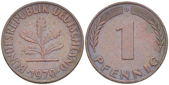 ФРГ 1 ПФЕННИГ 1970 D KM 105, J. 380 сталь плакированная медью 4181-555