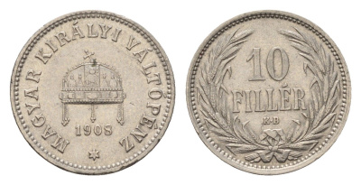 Венгрия 10 филлеров 1908 KB, Франц Иосиф I (1848-1916) KM 482 никель 181-1141
