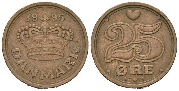 Дания 25 эре 1995 Маргрете II (1972-2024) KM 868 бронза 4618-365