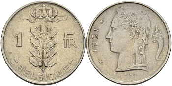 БЕЛЬГИЯ 1 ФРАНК 1951 BELGIQUE KM 142.1 медно-никель 4546-435