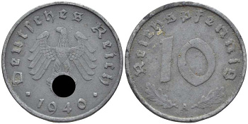 ГЕРМАНИЯ 10 РЕЙХСПФЕННИГОВ 1940 A KM 101, J. 371 цинк 4401-821