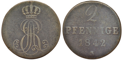 Ганновер 2 пфеннига 1842 S, Эрнст Август (1837-1851) KM 174.2, AKS 123, J. 55 медь 75-1727