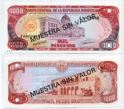 Доминиканская Республика 1000 песо 1991 образец, SPECIMEN Pick 138s бумага UNC (пресс) 451-231-3