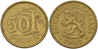 Финляндия 50 пенни 1963 S, первый год KM 48 алюминиевая бронза 4177-547