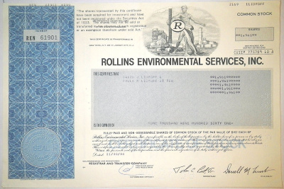 США 1961 акция 1988 Rollins Environmental Services Inc.  бумага 8805-26-1