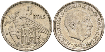 Испания 5 песет 1957 (72) Франсиско Франко (1939-1975) KM 786 медно-никель 4573-933