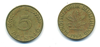 ФРГ 5 ПФЕННИГОВ 1968 G KM 107, J 382 сталь плакированная латунью 80-762