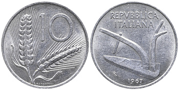 ИТАЛИЯ 10 ЛИР 1967 R, ПЛУГ KM 93 алюминий 34-1247