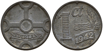 Нидерланды 1 цент 1942 Вильгельмина I (1890-1948) KM 170 цинк 4152-755