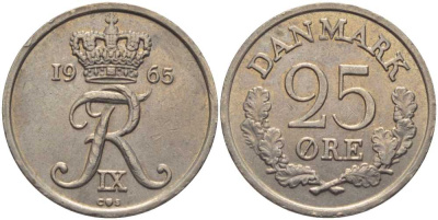 ДАНИЯ 25 ЭРЕ 1965 С;S, ФРЕДЕРИК IX (1947-1972) KM 850 медно-никель 202-731