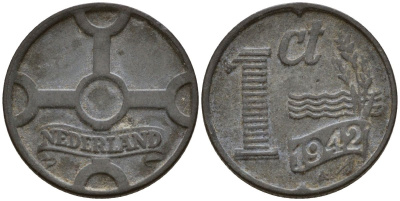 Нидерланды 1 цент 1942 Вильгельмина I (1890-1948) KM 170 цинк 4152-755