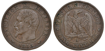 Франция 5 сантимов 1853 A, Наполеон III (1852-1870) KM 777.1, Le Franc 166 бронза 4167-213