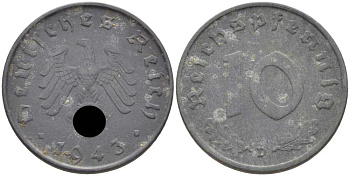 ГЕРМАНИЯ 10 РЕЙХСПФЕННИГОВ 1943 D KM 101, J. 371 цинк 4401-554