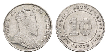 Стрейтс-Сетлментс (Стрейтс Сетлментс) 10 центов 1910 Эдуард VII (1901-1910) KM 21a серебро 1522-112